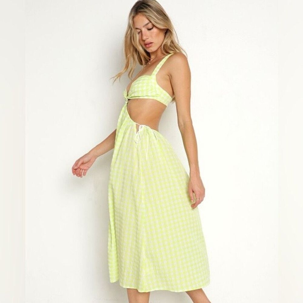 NWT For Love & Lemons Maureen Green & White Gingham Midi Dress Size Large - Picture 2 of 11